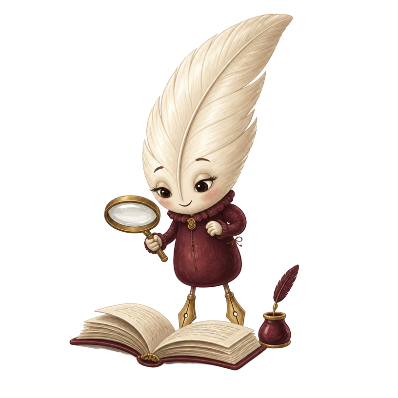 Plumita revisando un libro con lupa y pluma tintero